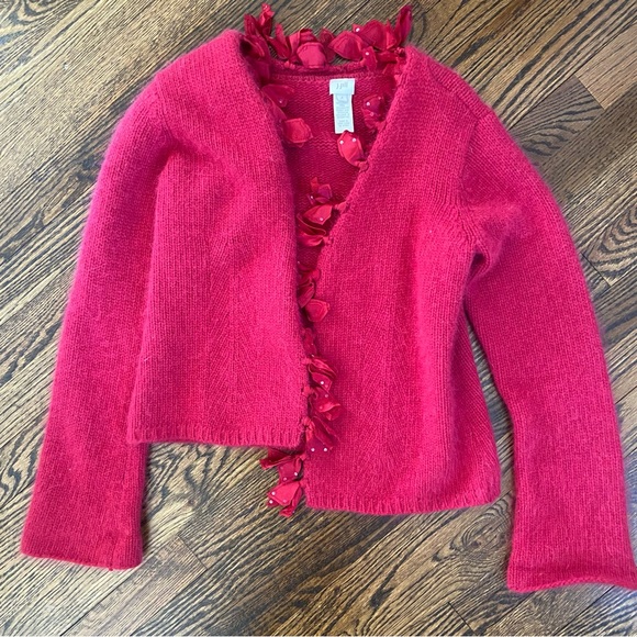 J Jill Wool + Rabbit Hair Red Cardigan with Ruffle Trim Small - Picture 6 of 9